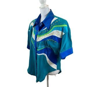 Vintage Cache Silk Collared Color Block‎ Snap Button Blouse Size Large